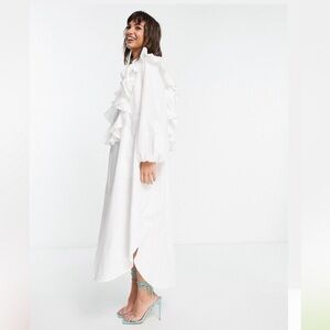 ASOS Edition white ruffle detail oversized shirt dress size 2